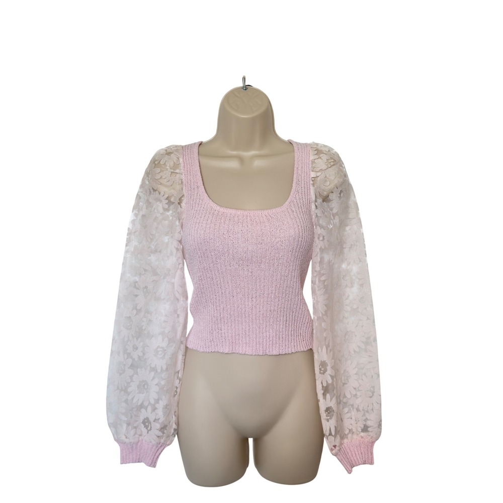 So Me Small Pink White Lace Flower Ribbed Top Puff Sleeves Cottagcore Fairycore
